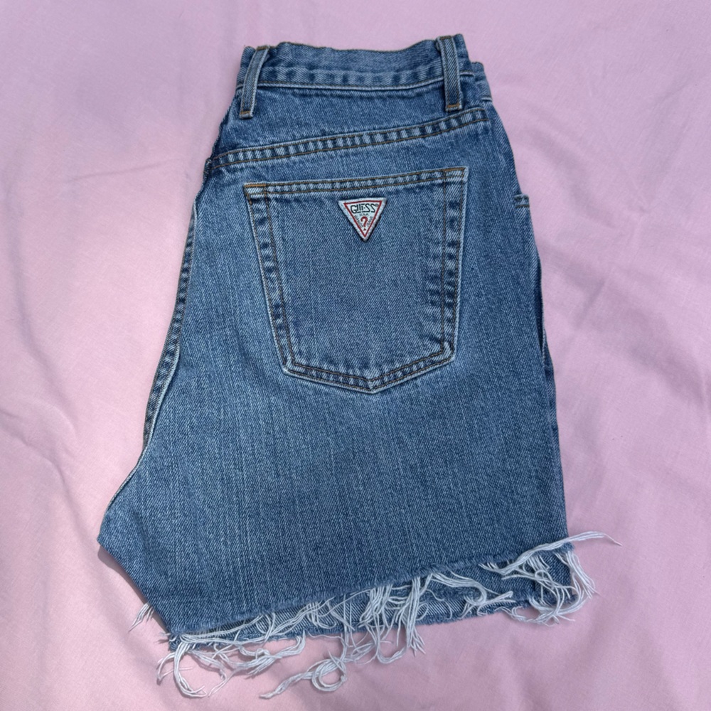 Guess Blue High-Rise Frayed Hem Denim Shorts